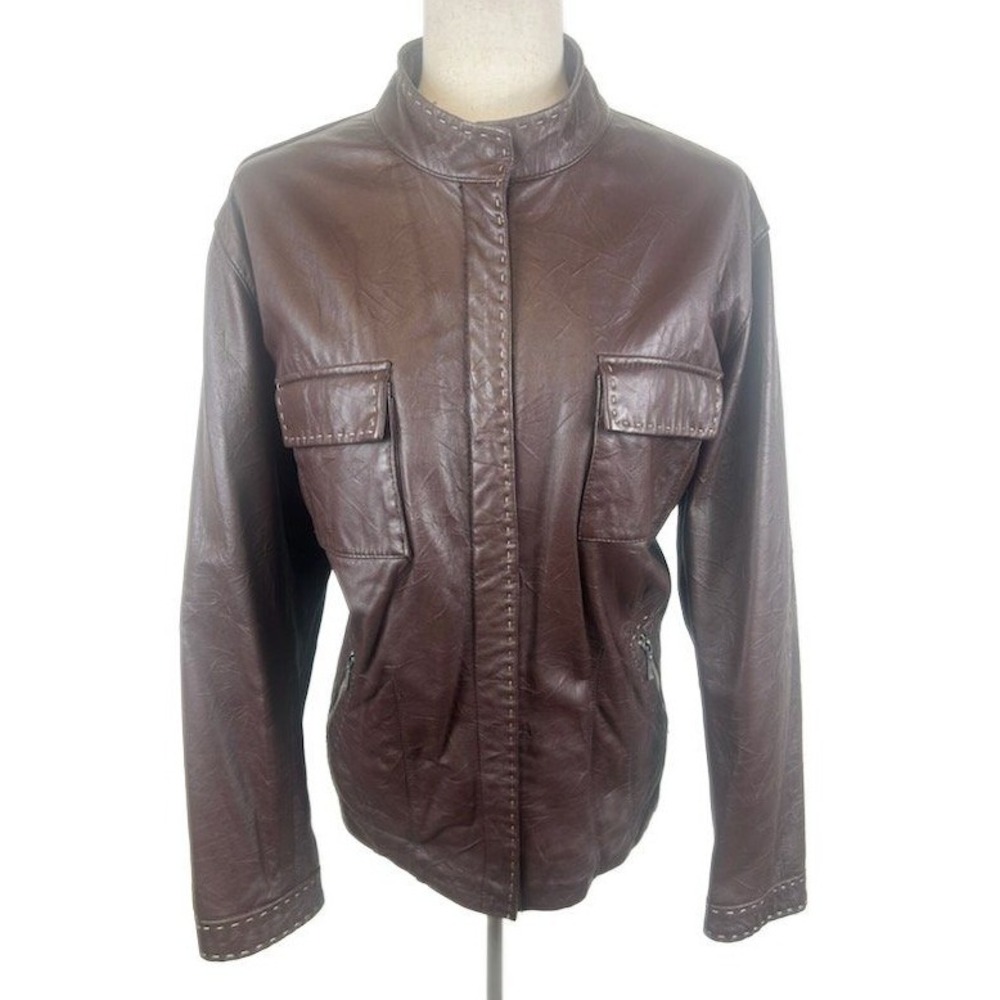 Y2K Chico's Genuine Leather Jacket Top Brown Moto Biker Chico's Size 3 US XL 16‎